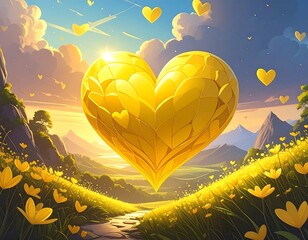Golden Heart Floating Over a Blossoming Meadow
