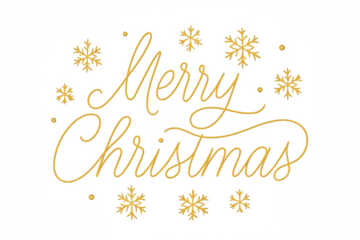 Merry christmas text lettering with gold snowflakes, festive holiday greeting, transparent background design