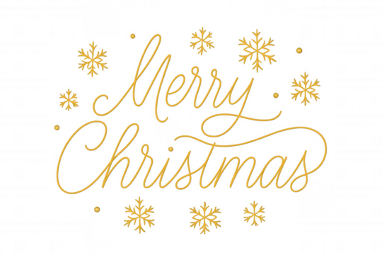 Merry christmas text lettering with gold snowflakes, festive holiday greeting, transparent background design