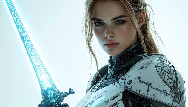 A knight in futuristic armor wielding a glowing energy sword with runic engravings, standing against a plain white background