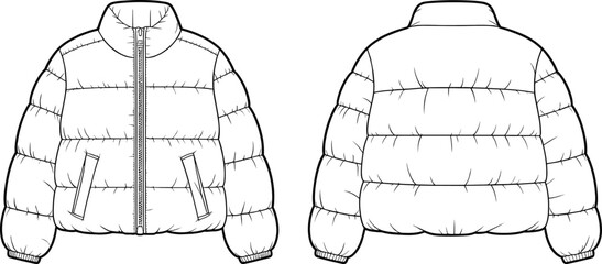 Vector illustration of puffer jacket front and back view, winter outerwear fashion design, quilted coat template, apparel technical drawing