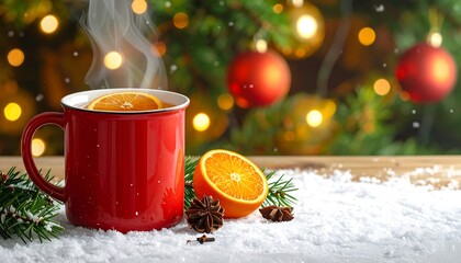 Warm winter beverage beside snowy christmas tree lights