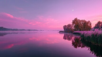 Tranquil Lake Reflecting Pink Sunrise with Trees and Wispy Clouds at Dusk