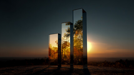 3D render of a vertical bar graph made from glass, placed on the ground with a forest and sunset in the background, with a double exposure effect and a gradient sky.