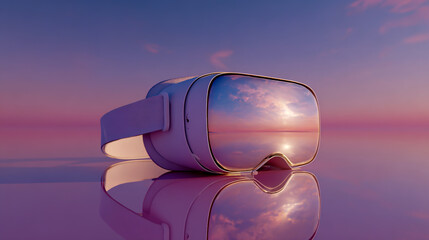 3D render of a virtual reality headset on a pastel background with copy space, a gradient background, a sunset reflection in the glass, in a minimalist style, with purple and pink colors