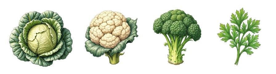Fresh green cabbage, white cauliflower, broccoli, and parsley in botanical illustration style with vibrant colors for healthy eating and cooking