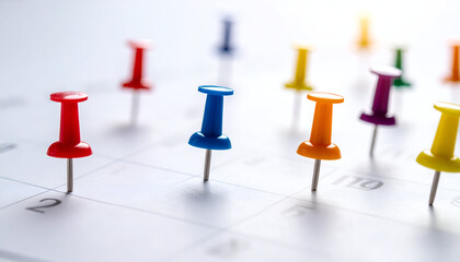 Colorful push pins marking important dates on a calendar page for reminders and planning.