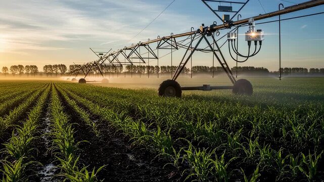 Medium shot of pivot irrigation system operating in a lush green field with automated sensors adjusting water flow based on soil moisture data.