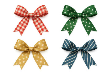 Decorative fabric bows with different patterns including gingham, polka dots, stars, and stripes on transparent background