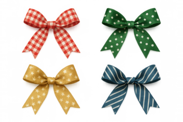 Decorative fabric bows with different patterns including gingham, polka dots, stars, and stripes on transparent background