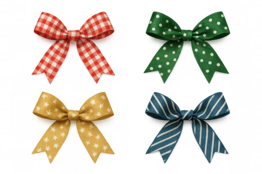 Decorative fabric bows with different patterns including gingham, polka dots, stars, and stripes on transparent background