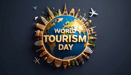 Globe surrounded by landmarks, celebrating World Tourism Day