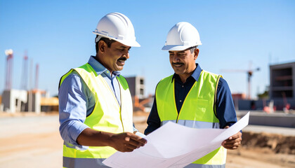 Construction planning discussion building site business meeting daylight close-up collaboration strategies