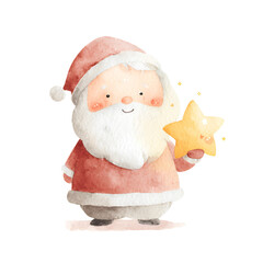 Santa holding golden star, watercolor festive nursery Christmas art.