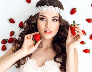 Strawberry beauty portrait studio setting fashion photography white background close-up organic aesthetic