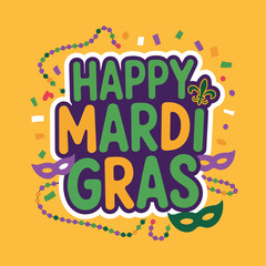 Happy Mardi Gras text with beads and masks lettering