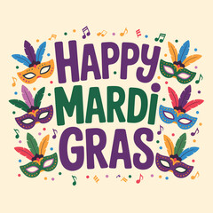 Happy Mardi Gras text with masks and feathers lettering © srdesignhouse