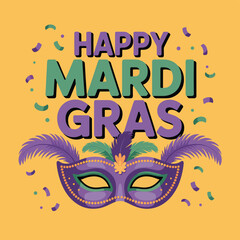 Happy Mardi Gras text with purple green mask and confetti