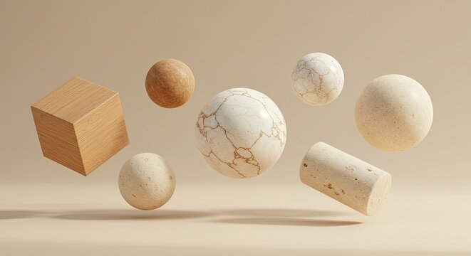 abstract geometric shapes float elegantly in a clean, bright studio