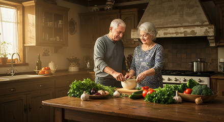 Senior couple cooking traditional soup in a cozy rustic kitchen, smiling while cutting fresh vegetables on a wooden counter