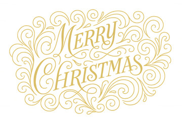 Gold merry christmas lettering with ornate calligraphic swirls, festive holiday greeting typography, transparent background