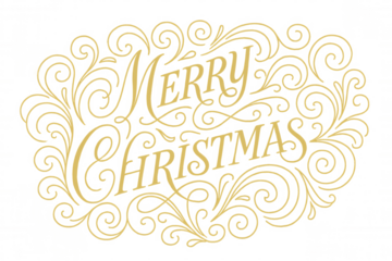 Gold merry christmas lettering with ornate calligraphic swirls, festive holiday greeting typography, transparent background