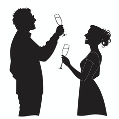 Couple holding champagne glasses silhouette