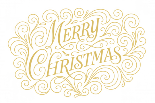 Gold merry christmas lettering with ornate calligraphic swirls, festive holiday greeting typography, transparent background
