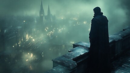 Gloomy cityscape view from rooftop.  Silhouetted figure in dark cloak gazes at misty town