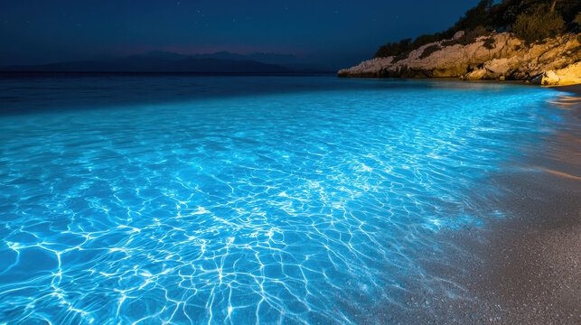 Serene Night Seascape with Luminous Water and Rocky Shoreline Under Starry Sky at Twilight on the Beautiful Coastline of a Tropical Paradise