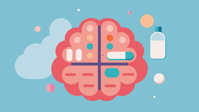 A simplistic illustration of a brain with medication written in the center surrounded by various compartments representing the weekly pill organizer. This concept highlights the. Vector illustration