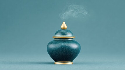 A blue vase with gold trim sits on a blue background