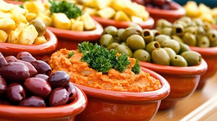 Colorful display of assorted fresh fruits and olives in decorative bowls with vibrant garnishes, perfect for healthy snacking or party catering options