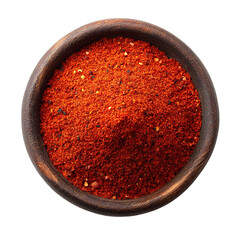 Red pepper spice in wooden bowl isolated on transparent background