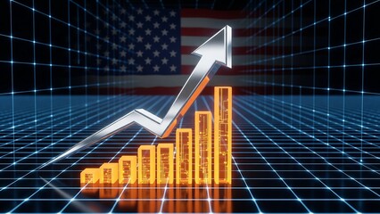 A glowing orange bar graph and a bold silver arrow rise against a faint American flag, symbolizing strong economic growth and financial prosperity in the US.