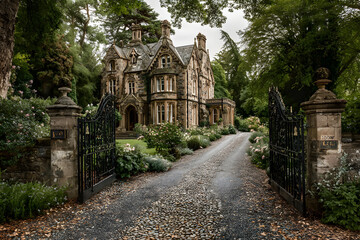 Obraz premium Victorian era English mansion with iron gates and gravel driveway