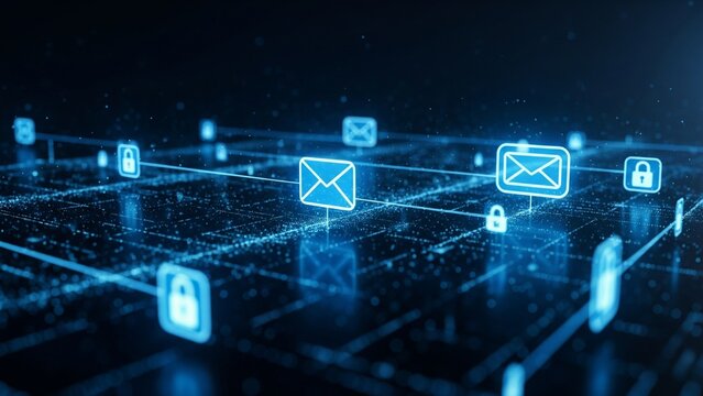 Glowing email and padlock icons are connected in a secure digital network, symbolizing private, secure, and encrypted online communication.