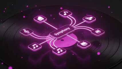 A glowing "Symphony" tile is the center of a futuristic network, connected to nodes with icons for various instruments, symbolizing the digital process of music composition.