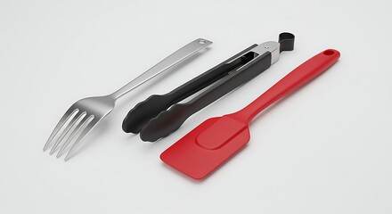 Fototapeta premium Kitchen Utensils: Minimalist Still Life of Fork, Tongs, and Spatula