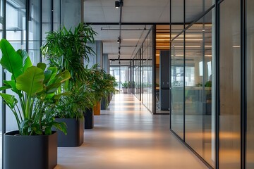 Modern Interior Hallway with Glass Walls and Green Potted Plants in a Row