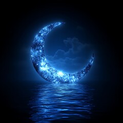 Glowing blue crescent moon over water at night