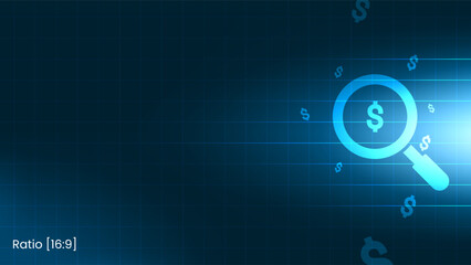 Business finance magnifying glass background template. Money search presentation design for financial analysis