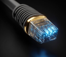Network Cable Connector Illuminated: A close-up view showcases a network cable connector, its transparent casing glowing with a vibrant blue light, symbolizing connectivity and data transfer. 