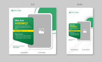 We are hiring social media post template. Job vacancy and recruitment design layout for company announcement