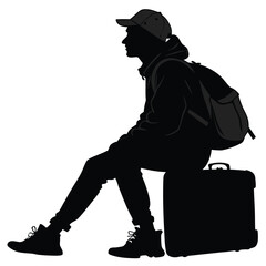 Traveler sitting on suitcase silhouette