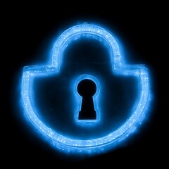 Glowing blue padlock silhouette on black