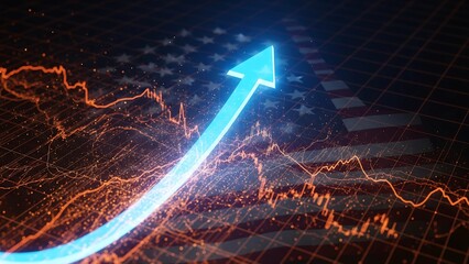 A glowing blue arrow shoots upwards over a dynamic orange graph with a faint American flag background, symbolizing economic growth and financial success in the US market.