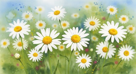 Fototapeta premium Daisies in Watercolor: A Serene Floral Meadow Painting