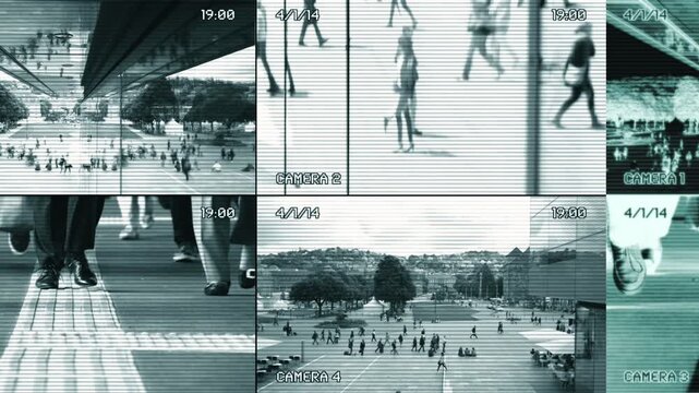 A compelling collage made of surveillance footage showcasing various urban spaces meticulously