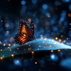 Glowing butterfly on leaf in dark night